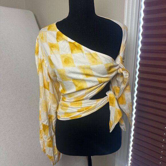 Jens Pirate Booty top shirt sz S yellow check gingham one sleeve shoulder tie - Picture 1 of 9
